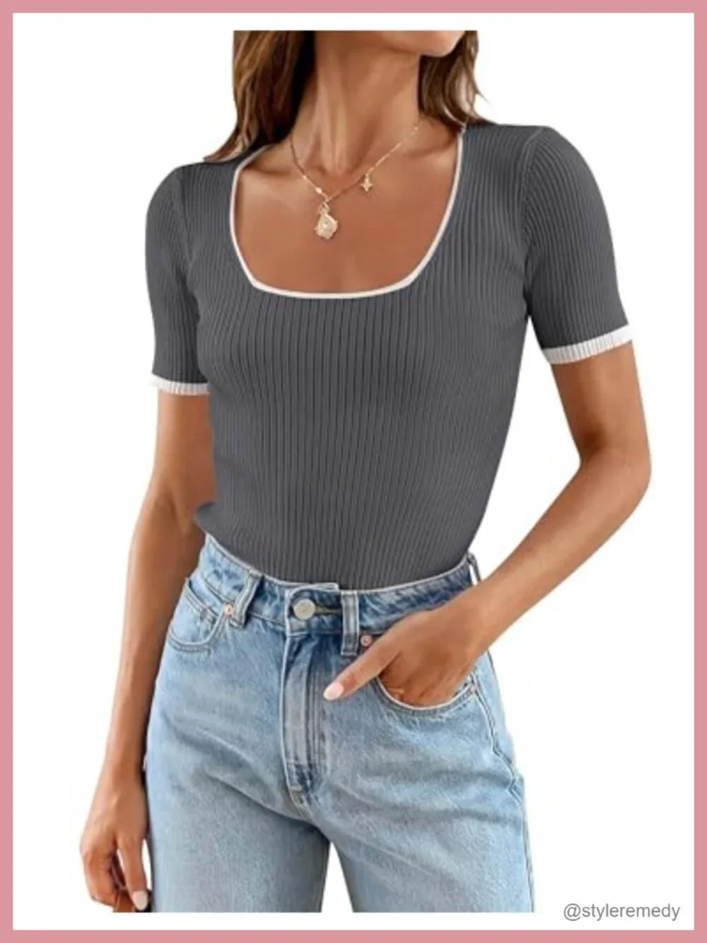 Short Sleeve Square Neck Color Block Ribbed Knit Crop Tee
